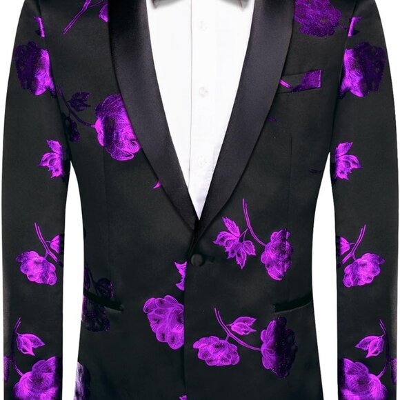 Luxury Black Purple Floral Blazer - Slim Fit Tuxedo Jacket for Special Events